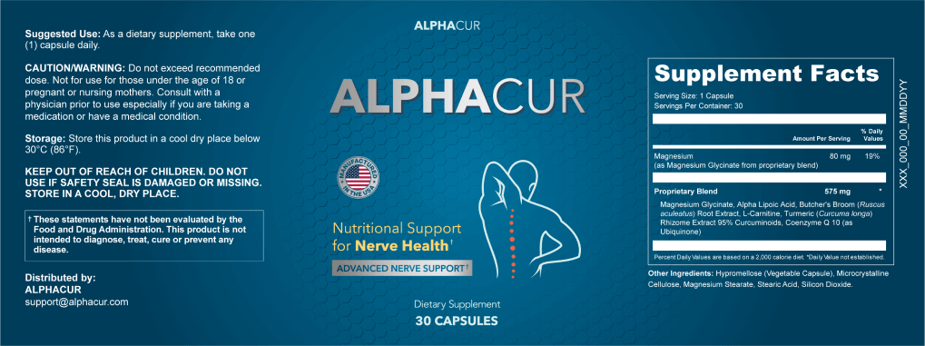 Official Alphacur product label showing usage instructions and quality manufacturing standards for customer safety.